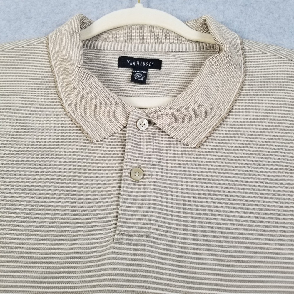 Van Heusen Polo Shirt Mens XXL 2XL Beige White Striped Short Sleeve Stretch Rib - Picture 2 of 12